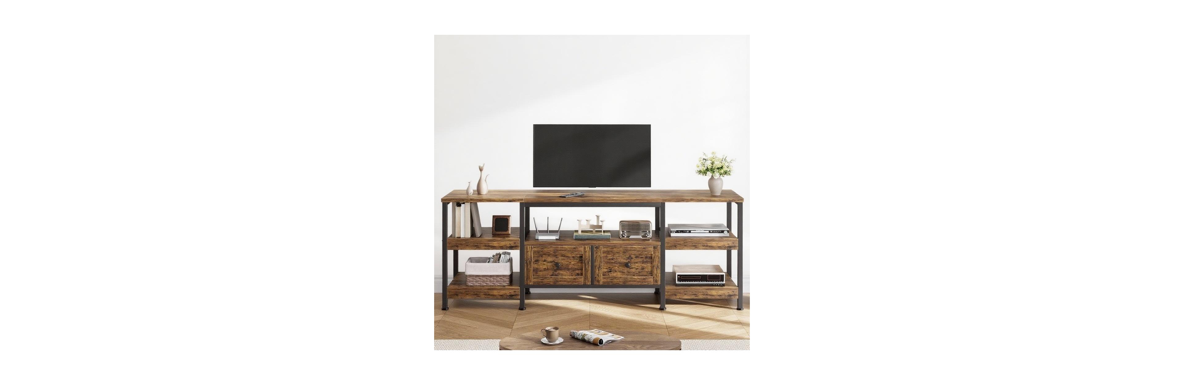 gaomon Industrial Tv Stand with 2 Drawers & Open Shelves, Metal & Wood Construction, Fit Up to 60 Inch TVs