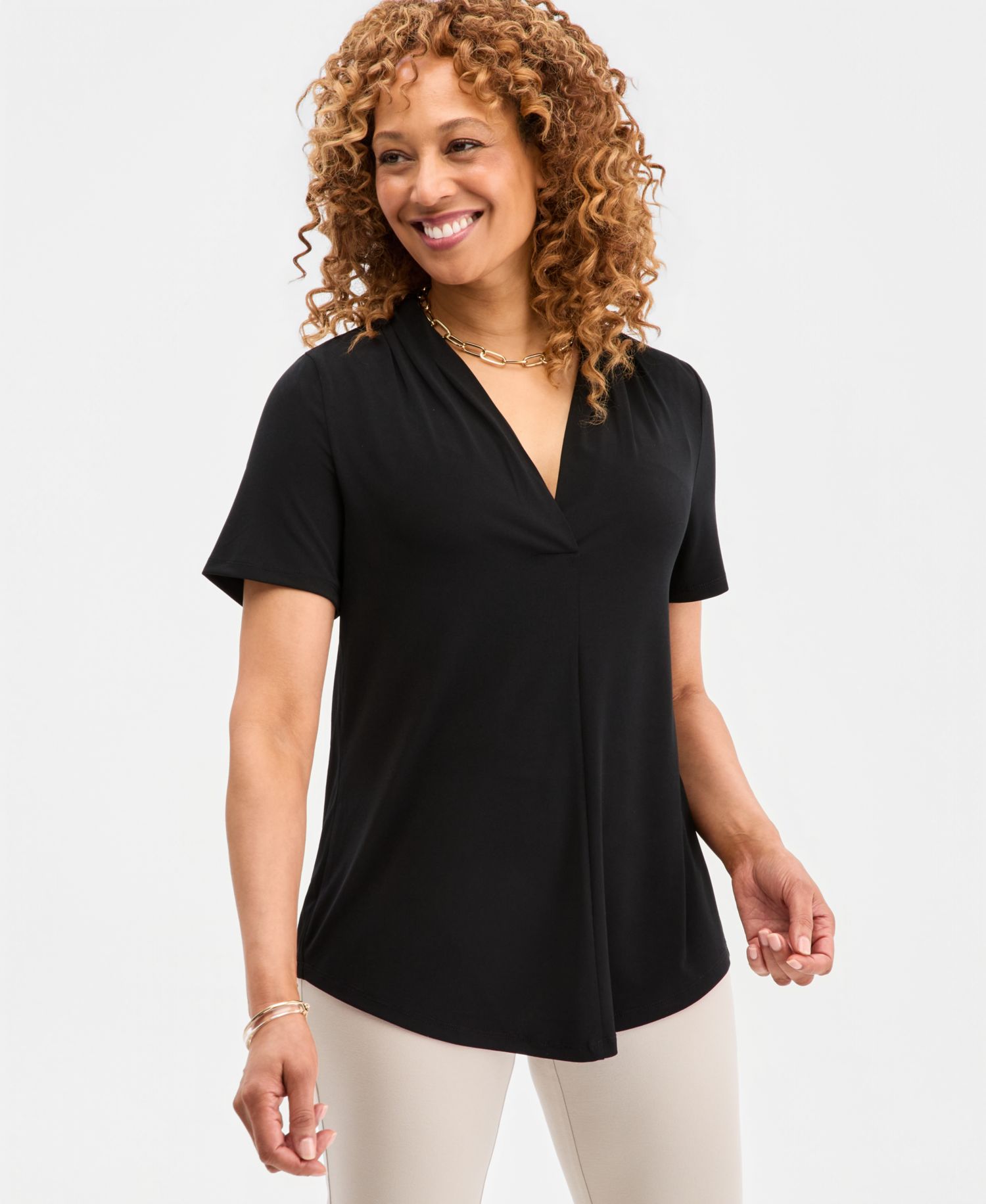 Women's Solid Short-Sleeve V-Neck Knit Top