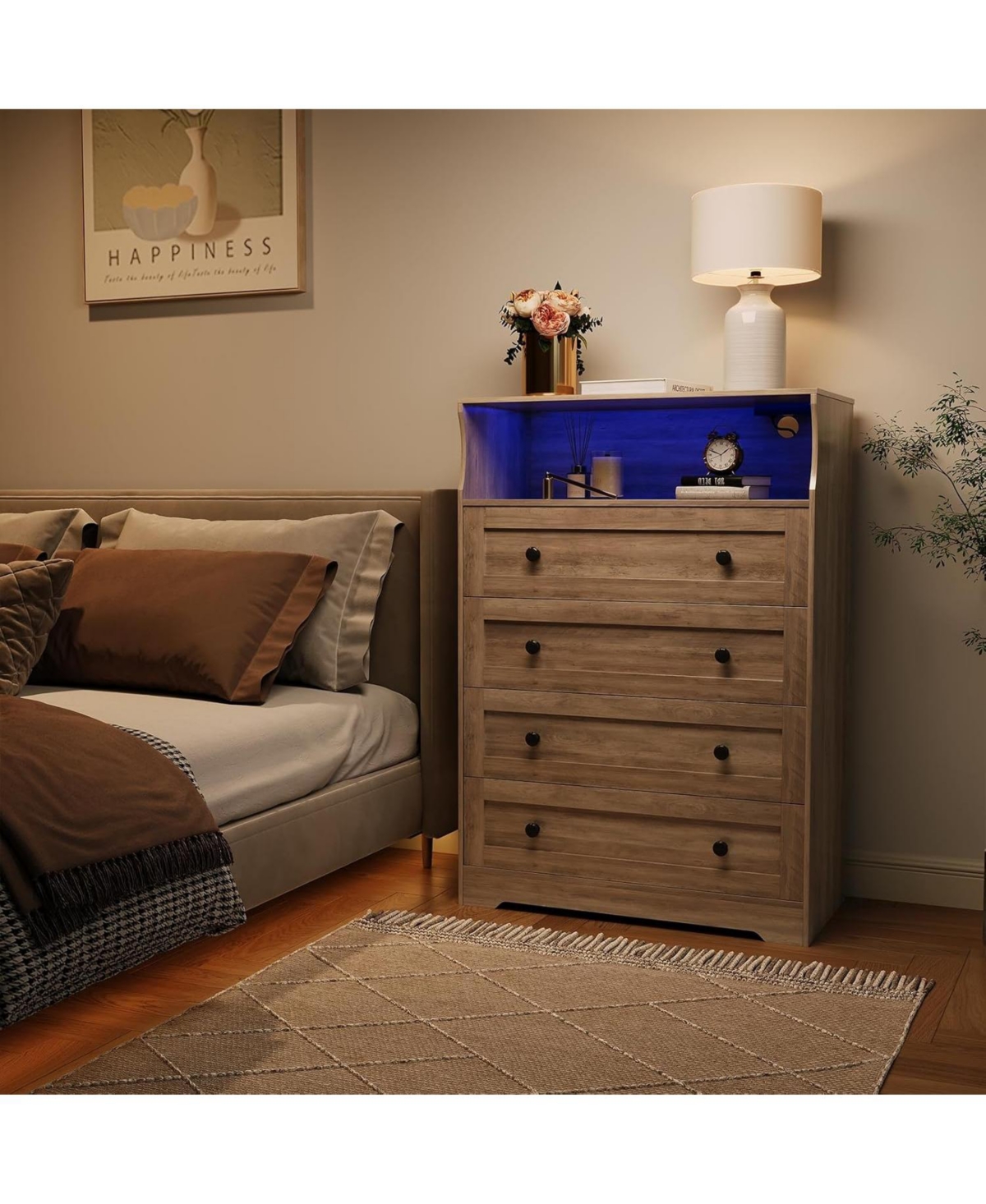gaomon 4 Drawer Wood Dressers for Bedroom with Led Lights and Charging Station, Modern Nightstand Bedside, Wooden Chest of Drawers