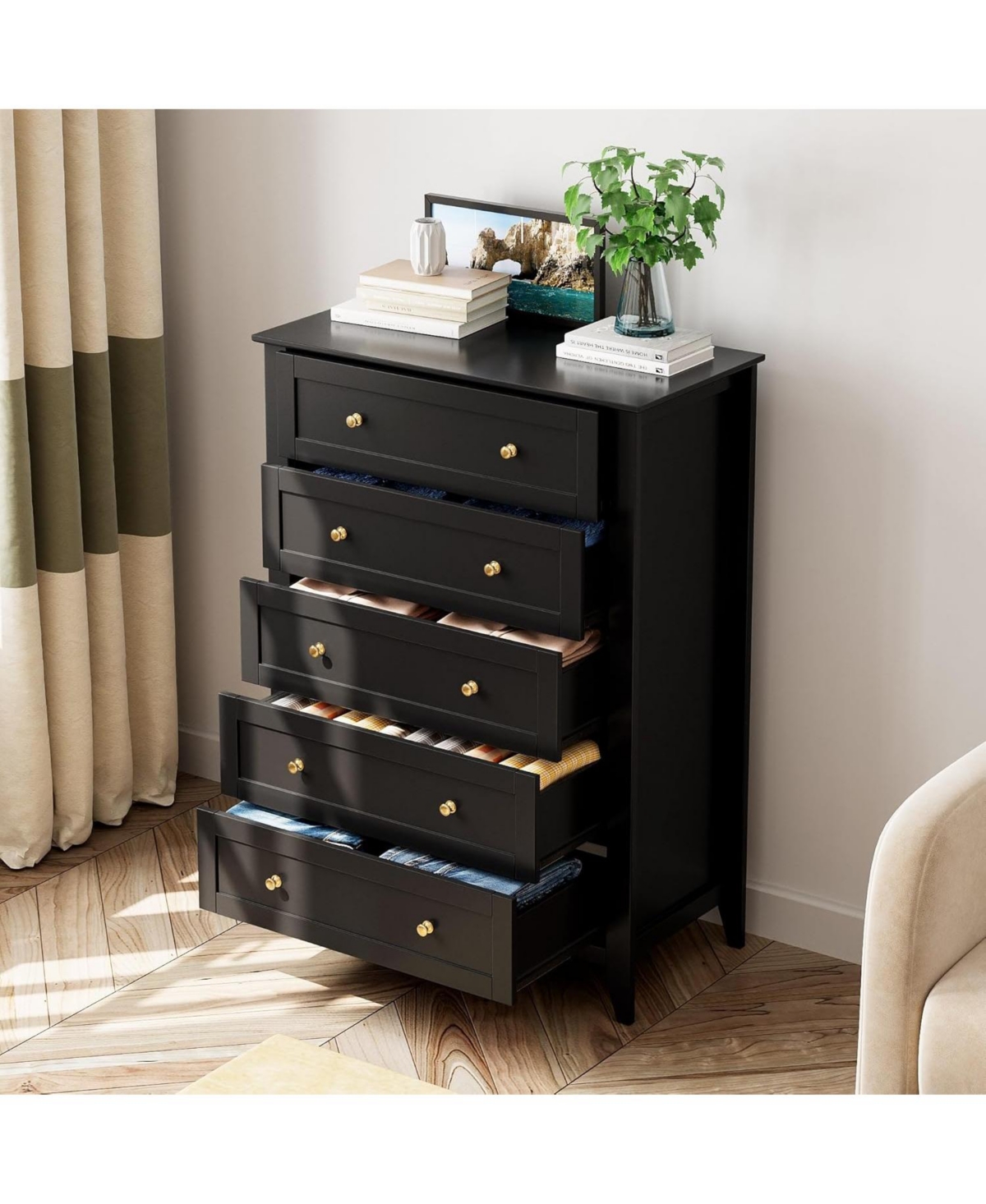 Gaomon Modern Bedroom Dresser, Tall Wood Chest with Deep Drawers & Metal Knobs
