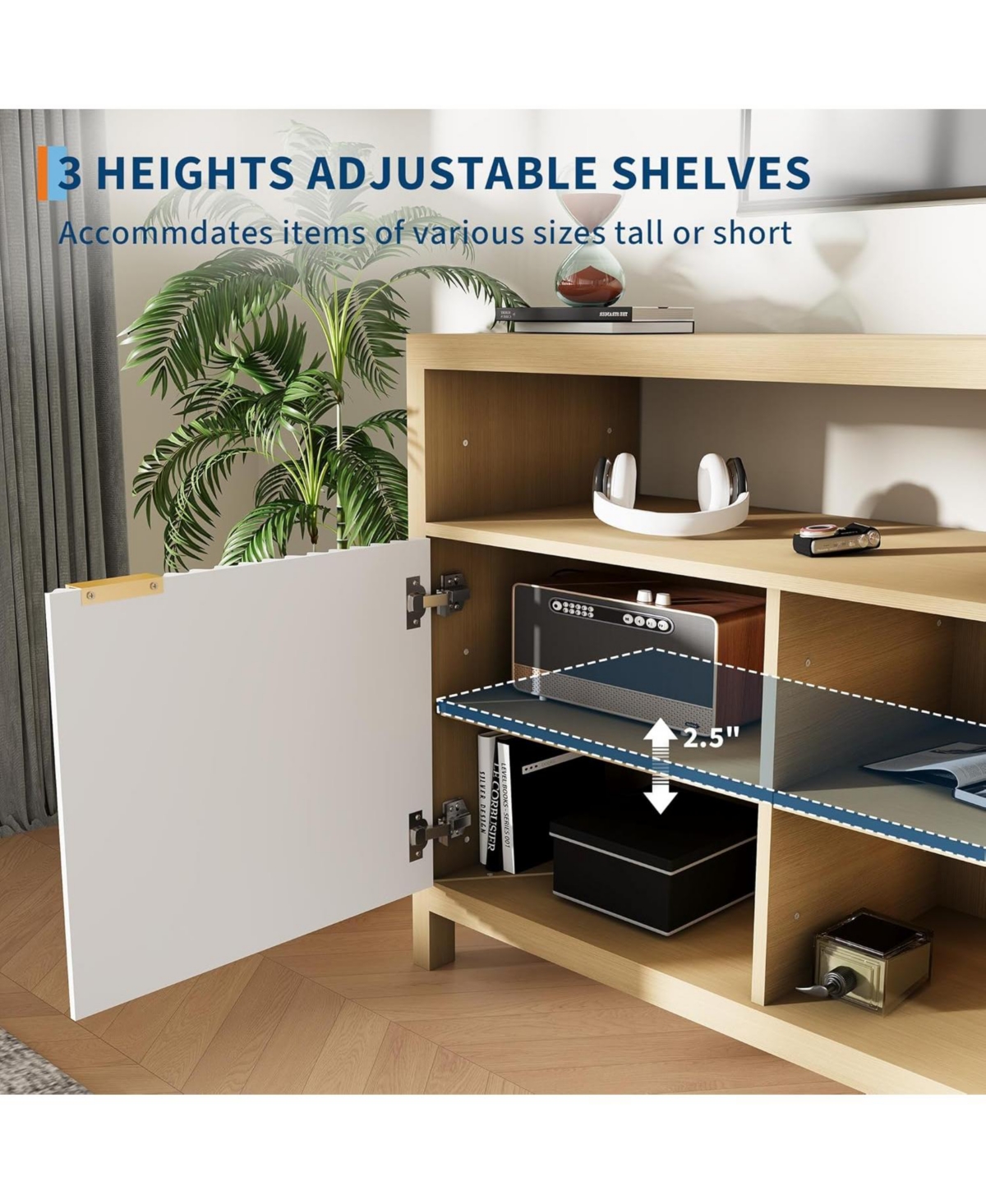 gaomon Fluted Tv Stand for 65 Tv, Mid Century Modern Entertainment Enter with Storage, Slim Tall Wood Media Console Table Living