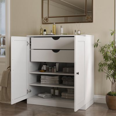 100% Solid Wood 32" Bathroom Storage Cabinet with Shaker Doors, 2-Drawers & Adjustable Shelves