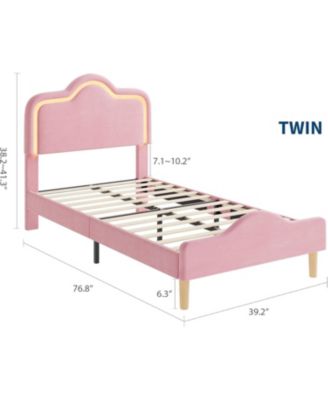 Twin Size Bed Frame with Adjustable LED Headboard, Velvet Upholstered Princess Platform Bedframe with Footboard for Kids/Girls