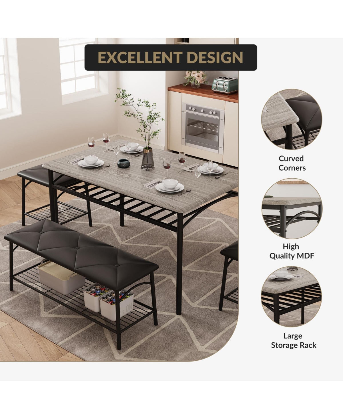 Gomon 4-Piece Dining Table Set with Upholstered Bench & 2 Stools, Storage Shelf, Space Saving Compact Kitchen