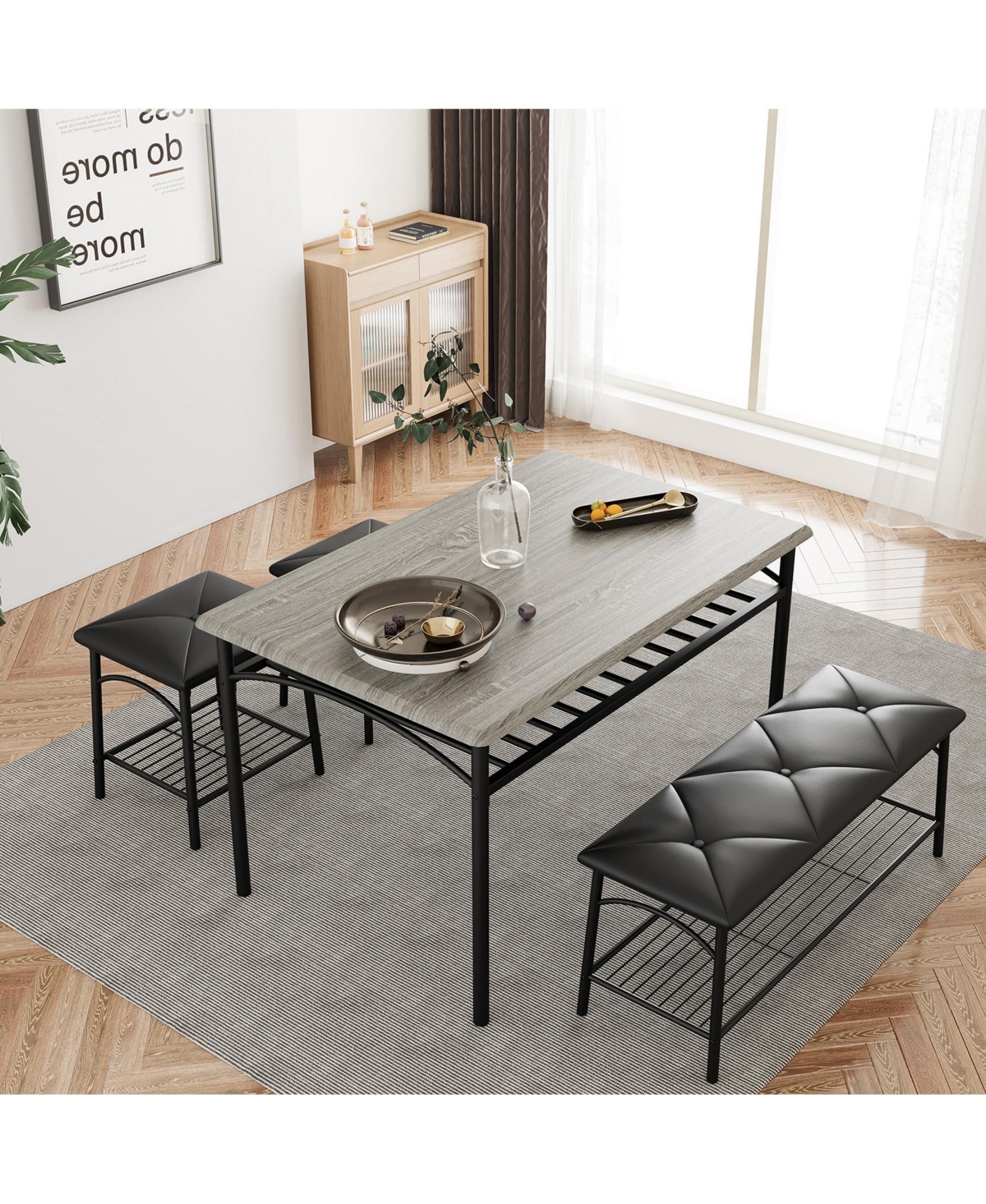 Gomon 4-Piece Dining Table Set with Upholstered Bench & 2 Stools, Storage Shelf, Space Saving Compact Kitchen