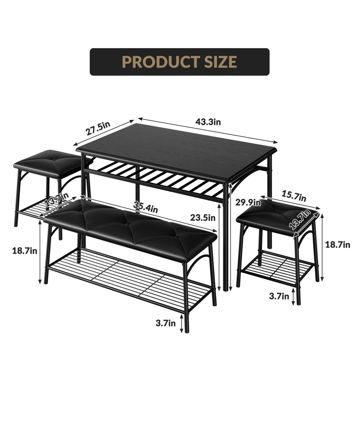 Gomon 4-Piece Dining Table Set with Upholstered Bench & 2 Stools, Storage Shelf, Space Saving Compact Kitchen