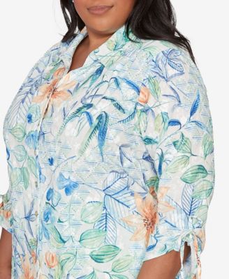 Plus Size Caribbean Blues Tropical Flower Eyelet Tie-Sleeve Top