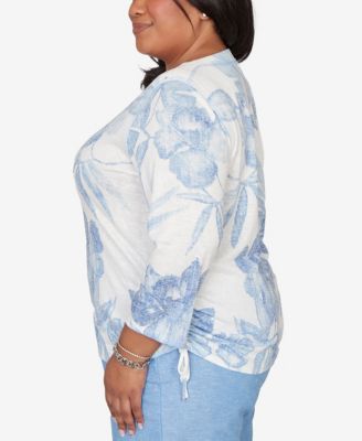 Plus Size Caribbean Blues Monotone Dramatic Floral Tropical Top