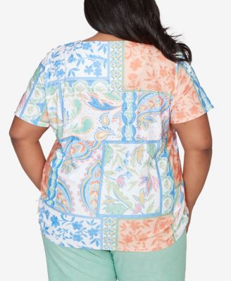 Plus Size Caribbean Blues Patchwork Scroll Side Tie Ruched Top