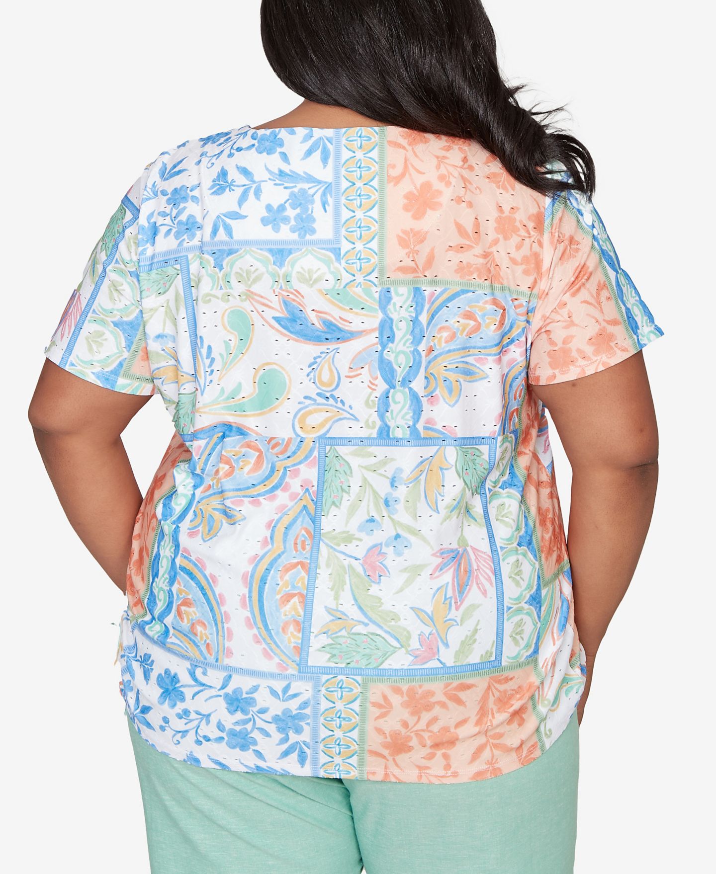 Женский топ Alfred Dunner Plus Size Caribbean Blues Patchwork Scroll Side Tie Ruched, цвет: Зелёный разноцветный — фото 5