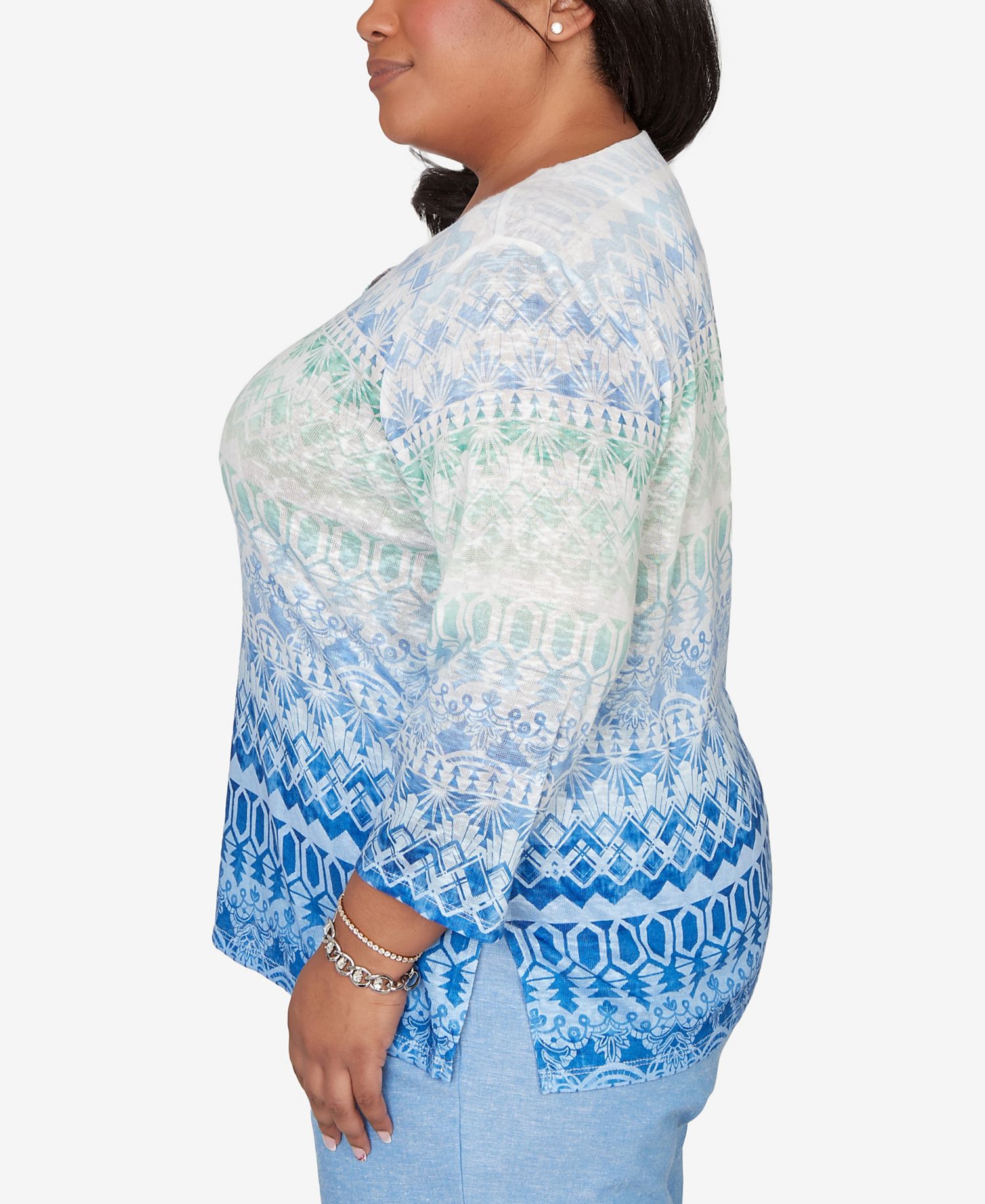 Plus Size Caribbean Blues Ombre Biadere Split Neck Top