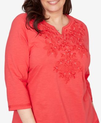 Plus Size Port Side Tonal Embroidered Split Neck Top