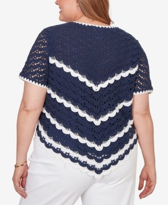 Plus Size Port Side Chevron Crochet Short-Sleeve Top