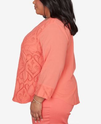 Plus Size Resort Living Textured Lace Scroll Henley Top