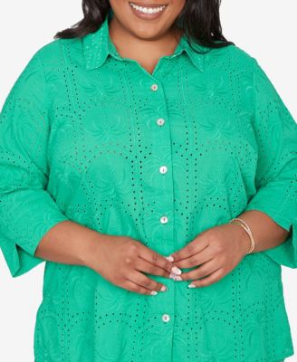 Plus Size Resort Living Eyelet Palm Tree Button-Front Top