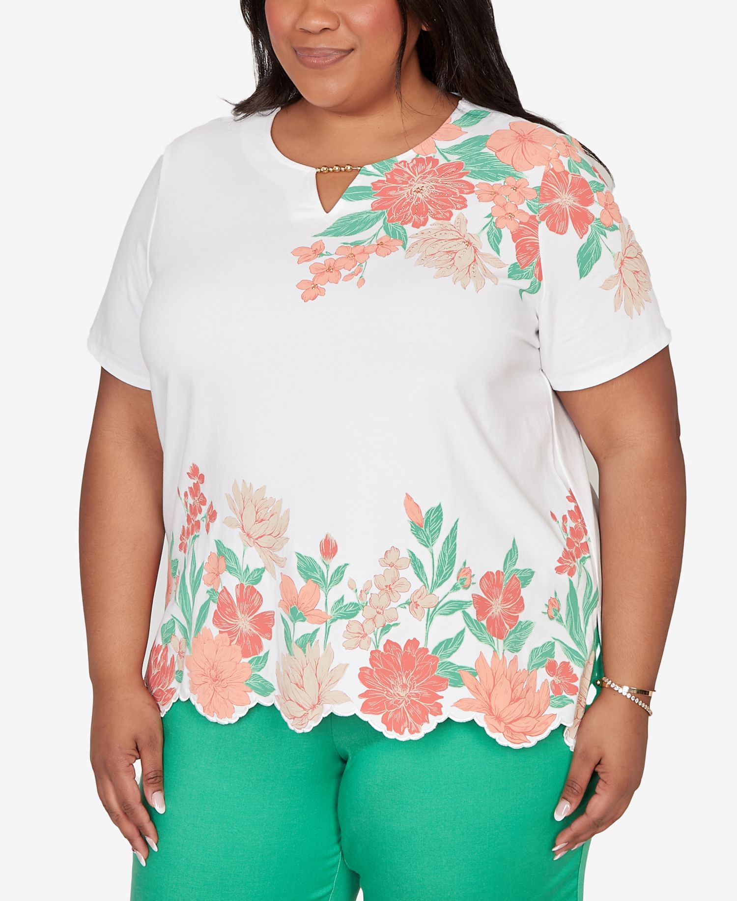 Plus Size Resort Living Floral Scallop Border Top