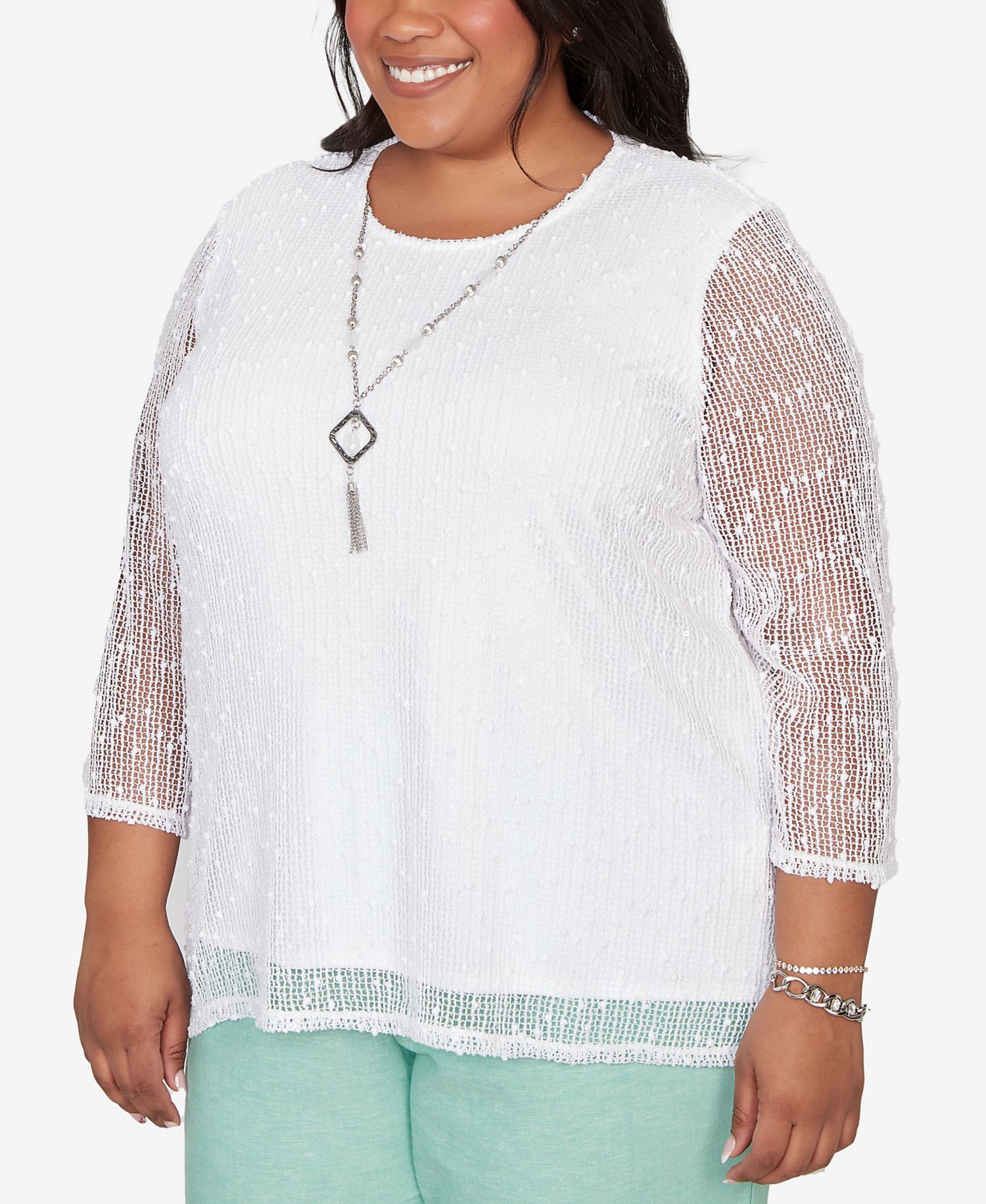 Plus Size Caribbean Blues Popcorn Mesh Solid Top with Necklace
