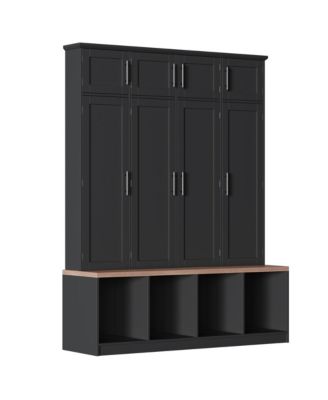 Farmhouse Hall Tree Walnut Seating Bench with 4 Hanging Hooks for Living Room