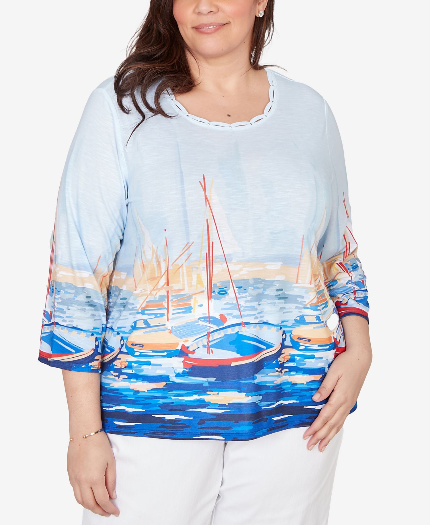 Plus Size Port Side Harbor Scene Printed Top