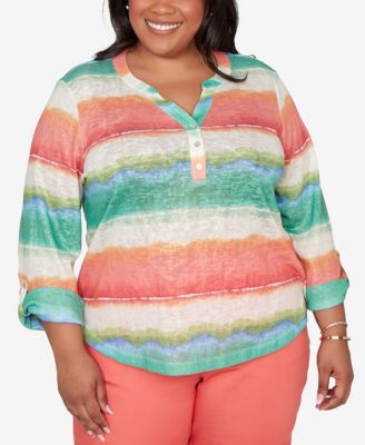 Plus Size Resort Living Biadere Tie Dye Stripe Henley Top