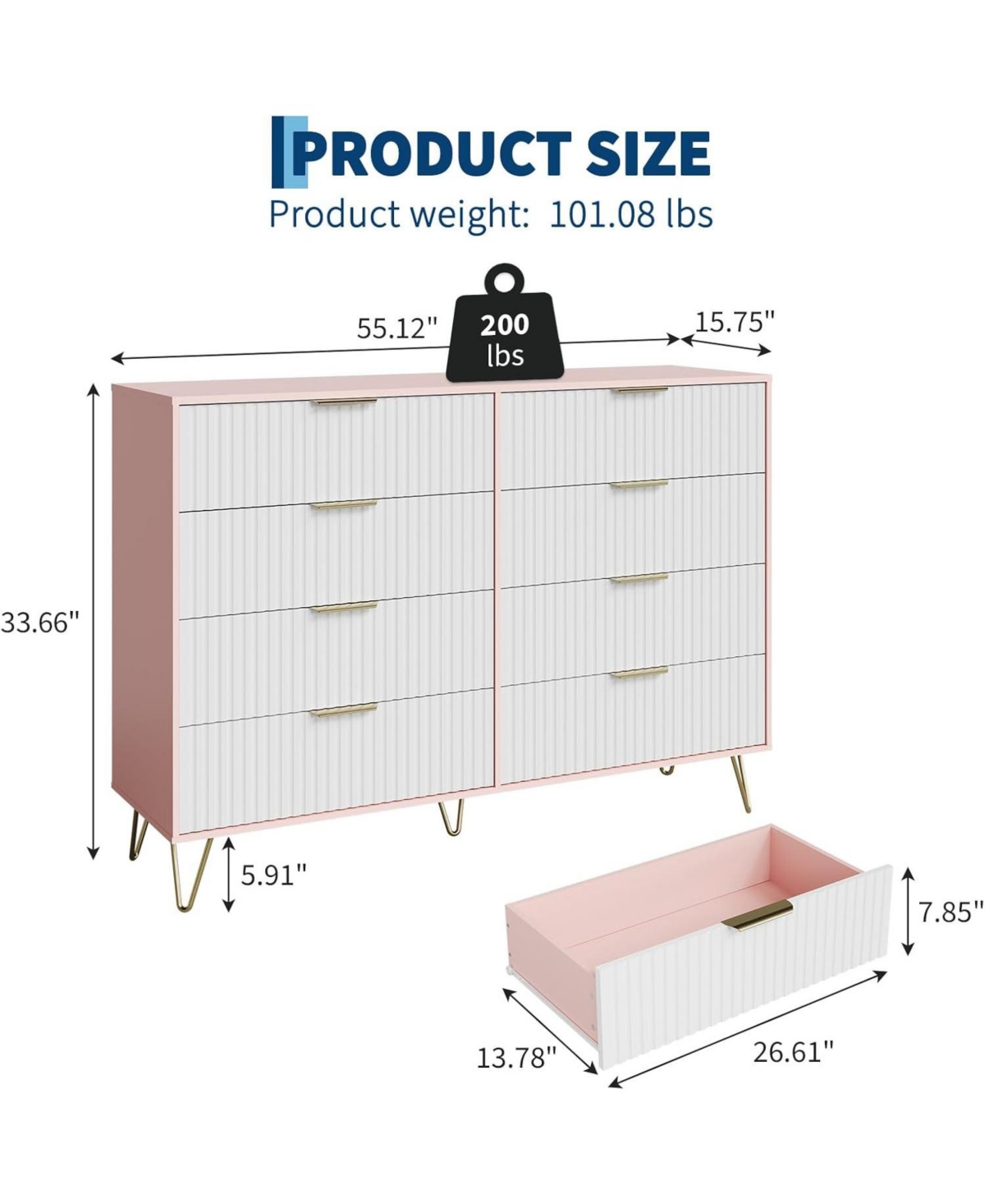 Draft - gaomon Fluted 8-Drawer Dresser for Bedroom, 55" Wide Modern Minimalist Chest of Wooden Drawers,Wide Clothes Storage Organizer