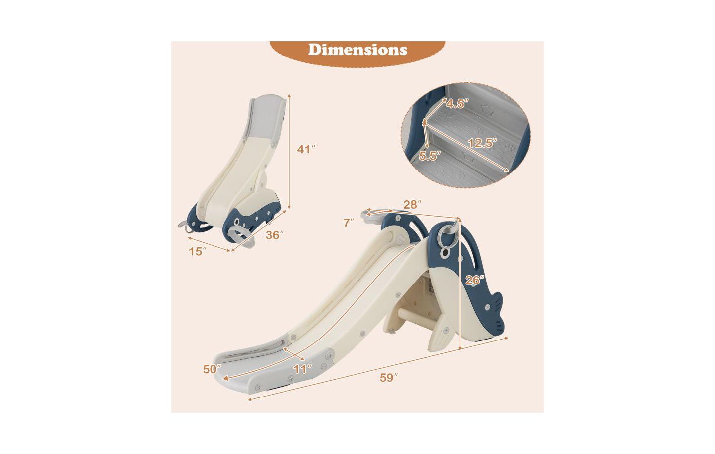 Детский игровой набор Slickblue Indoor-Outdoor Baby Slide Climber Playset with Basketball Hoop, 59"L x 28"W x 26"H, от 3 лет, цвет: Синий — фото 3