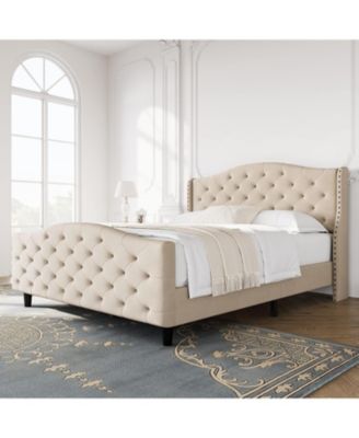Queen Size Bed Frame with Headboard and Footboard, Tufted Wingback Headboard, Velvet Upholstered Platform Bed