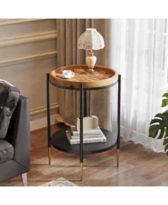 Round Side Table, 2-Tier End Table with Solid Wood and Metal, Industrial Nightstand