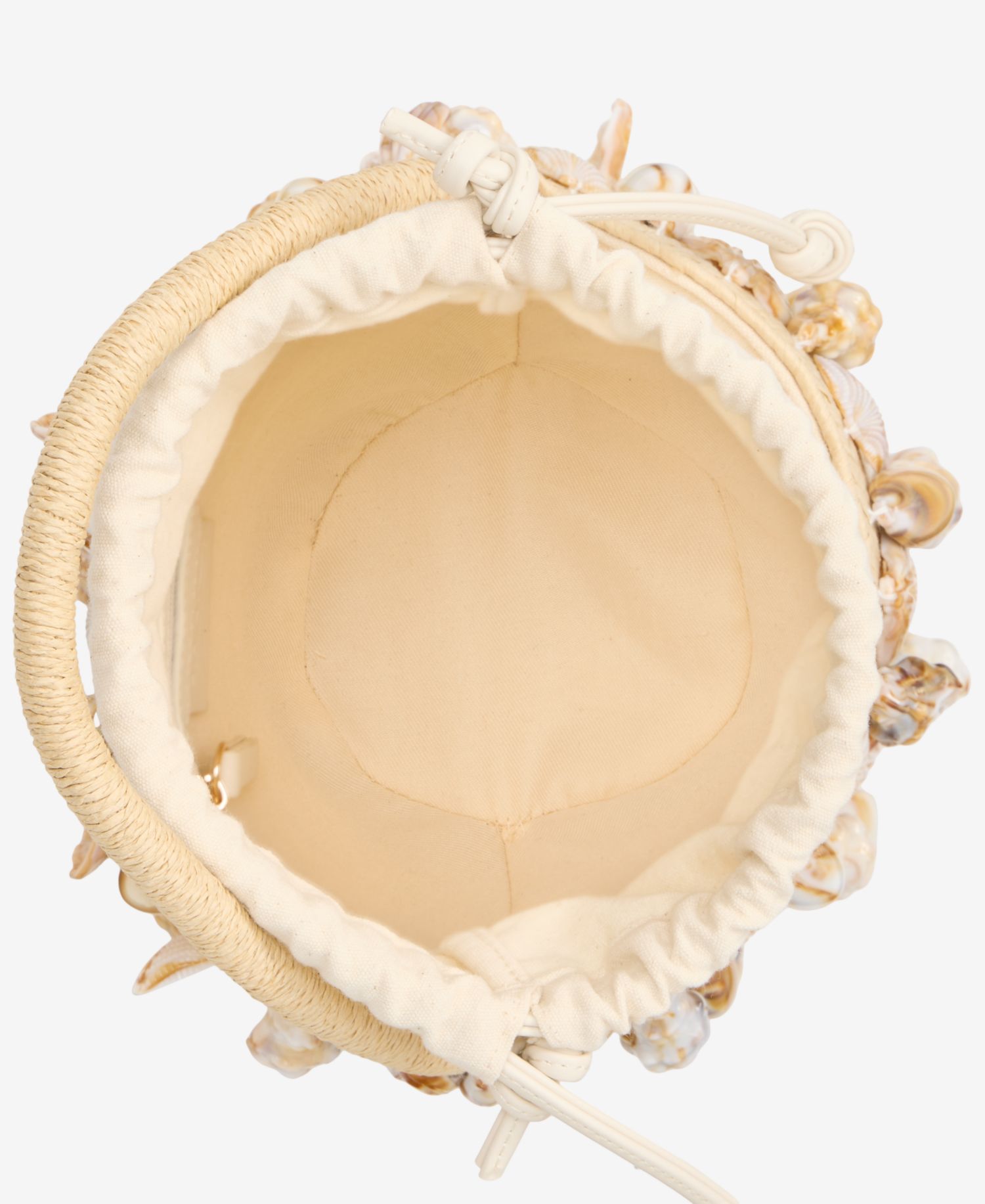 Shell Embellished Straw Bucket Bag