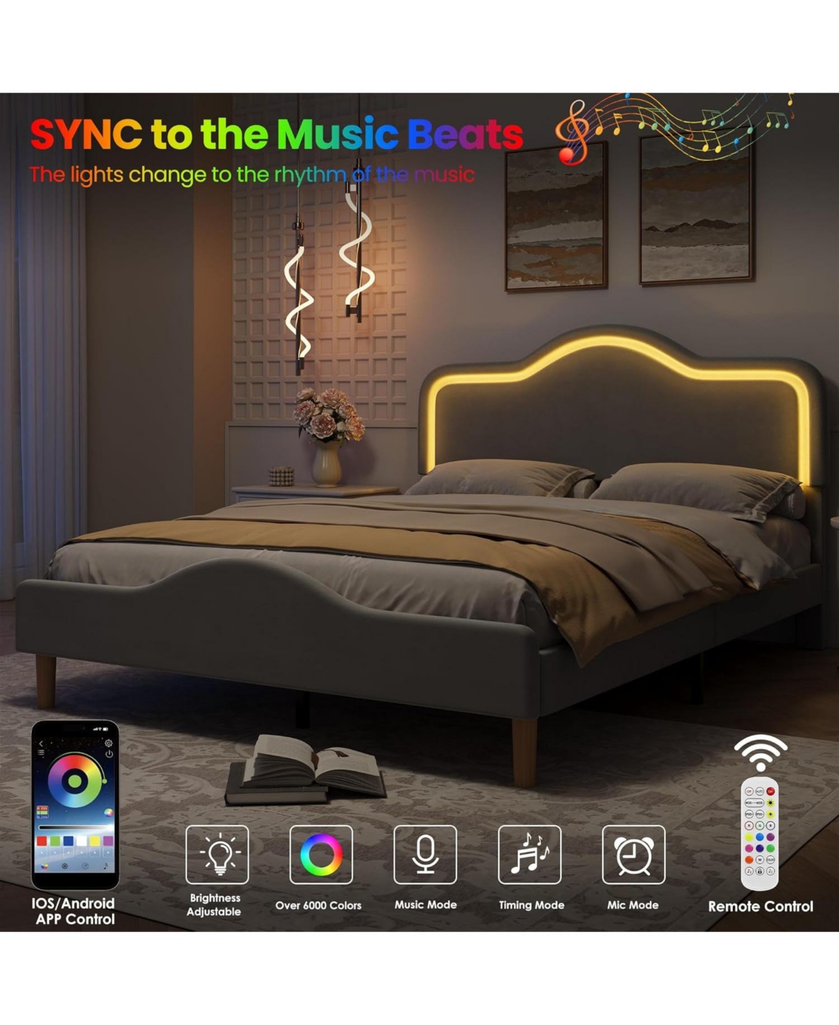 Gaomon Queen Size Bed Frame with Adjustable Led Headboard, Velvet Upholstered Princess Platform Bedframe with Footboard for Kids, Wooden Support