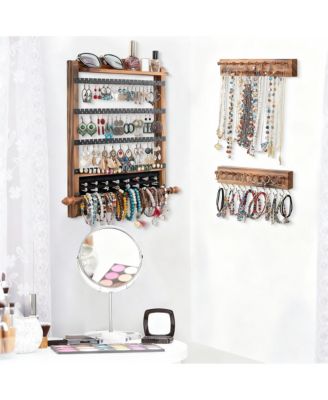 Antique Wood Wall Organizer Set: Earring, Necklace, Bracelet Holders & Shelf