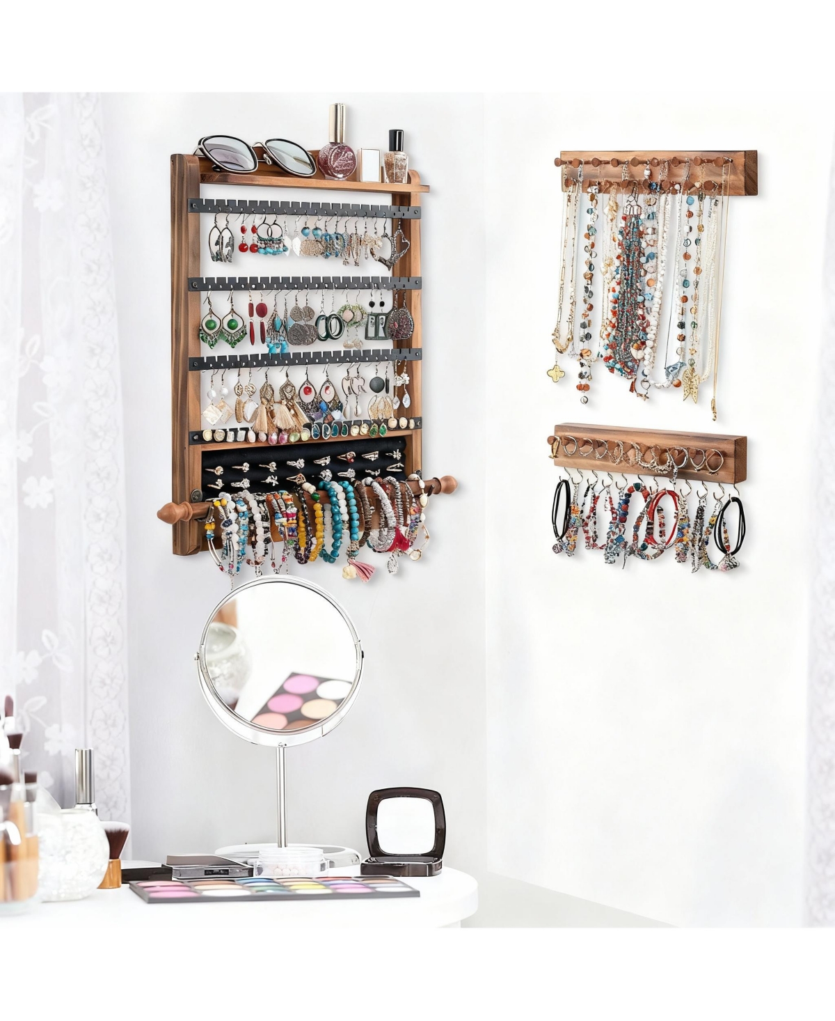Yigii Antique Wood Wall Organizer Set: Earring, Necklace, Bracelet Holders & Shelf