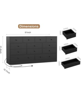 12 Drawer 61in Modern Black Dresser with Charging Station, Large TV Stand Storage Organizer for Bedroom Nursery Living Room