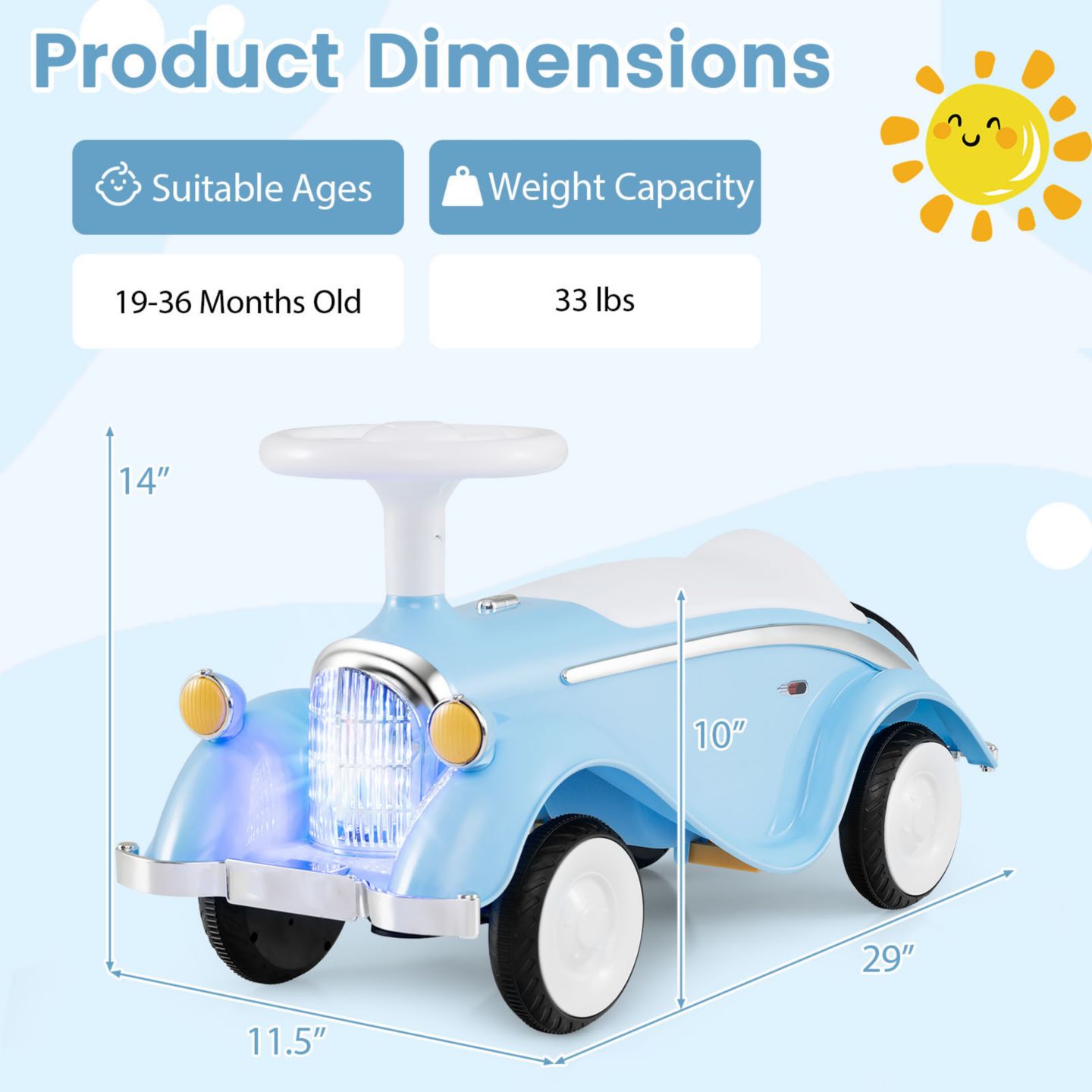 Детская игрушка Slickblue Classic Sliding Car Ride-On Toy with LED Headlight & Horn, 33 lbs., Ages 19-36 Months, цвет: Синий — фото 3