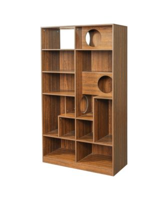 2 IN 1 Wood Bookshelf Cat House for Cat Lover, Cat Tree Display Case, 5 Tier Storage Shelves with Round Hollow Door for Study Room