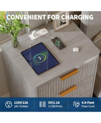 Fluted Nightstand with Charging Station, Mid Century Modern Fluted Nightstand, 3 Drawers Wooden Nightstand