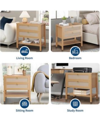 Rattan Night Stand Set of 2, Boho Night Stand with 2 Rattan Drawers, Large Bedside Table Side Table