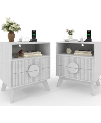 Fluted Night Stand Set of Wood Tall Nightstands with Charging Station, End Table with 2 Drawers