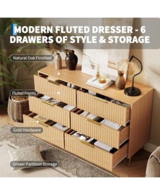Fluted 6-Drawer Dresser for Bedroom, 47" Wide Modern Minimalist Chest of Wooden Drawers,Wide Clothes Storage Organizer