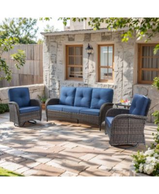 4-Piece Brown Wicker Patio Conversation Set with Olefin Cushion and Patio Swivel Chairs