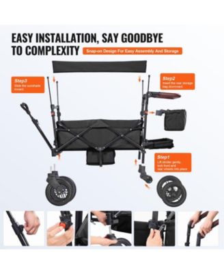 Wagon Stroller for 2 Kids, Collapsible Push Pull Quad Stroller with Adjustable Handle, Harness, Removable Canopy, 4 Wheels with Brakes