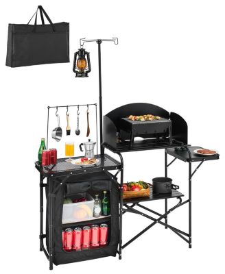 Camping Kitchen Table, Aluminum Portable Cook Station with Storage Cupboard, Detachable Windscreen, Carrying Bag, Quick Setup