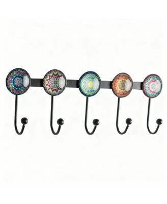 Boho Multi-Color Mandala Wall Rack - 5 Hooks for Coats, Hats, Bags - Durable, Easy Install