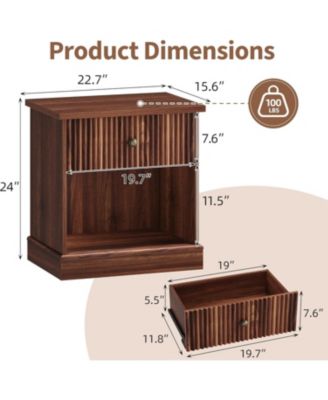 Fluted Nightstand with Drawer, Mid Century Modern Bedside Table with Open Shelf, Nightstand with Storage