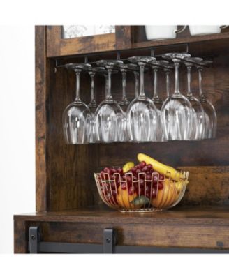 Rustic 70 Inch Tall Farmhouse Coffee Bar Cabinet with Sliding Barn Doors Ample Storage Shelves Wine Racks and Glass Holder