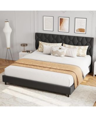 California King Upholstered Platform Bed Frame with Headboard, Heavy-Duty Wooden Slats, Noise Free, No Box Spring Needed, Easy Assembly