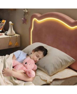 Twin Upholstered Smart LED Bed Frame with Velvet Princess Headboard, Wooden Slats Support, No Box Spring Needed