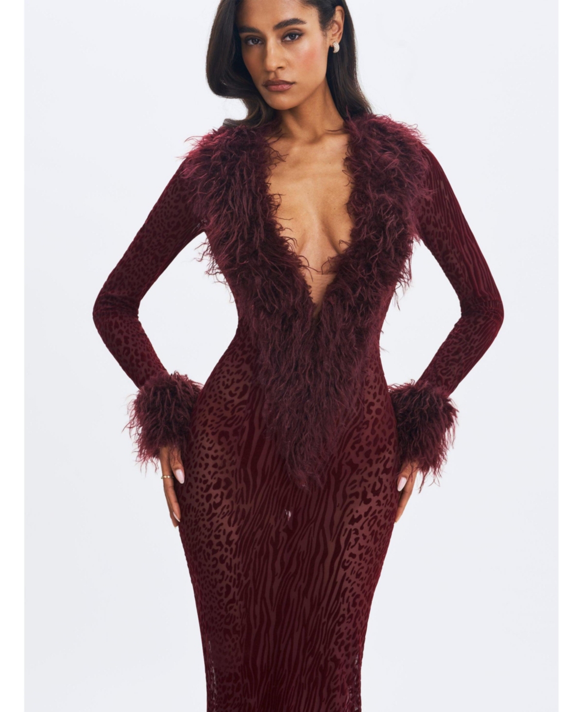 Miss Circle Women's Luana Burgundy Plunging Fur Trimmed Crochet Maxi Dress
