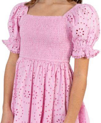 Girls' 7-16 Smocked Eyelet Square Neck Dress