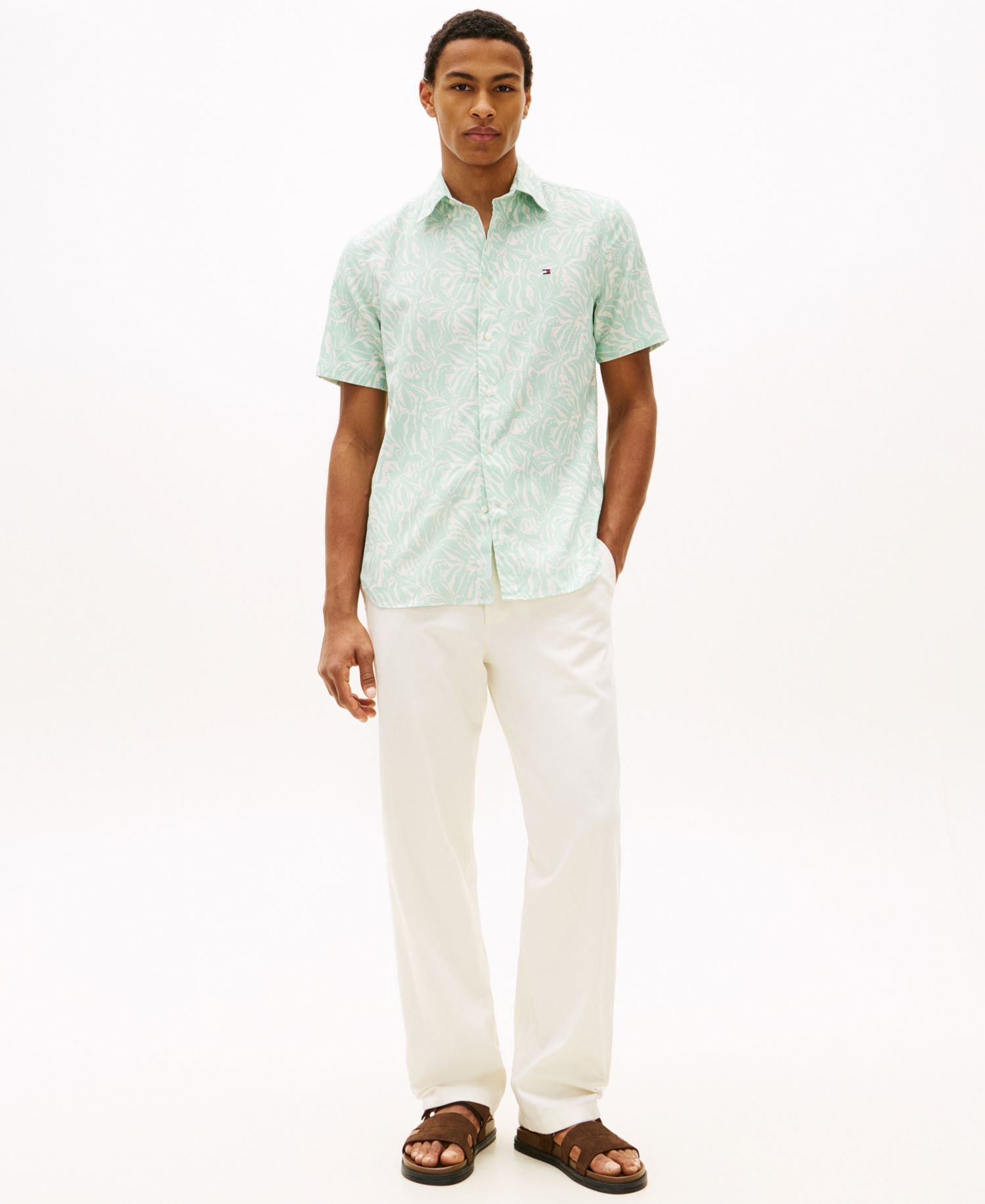 Men's Short-Sleeve Linen-Blend Printed Shirt